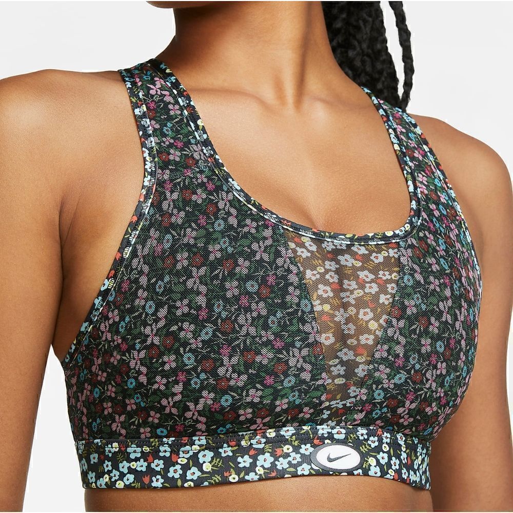 Nike Medium Support Swoosh Floral Printed Sports Bra Black White Women's Small S